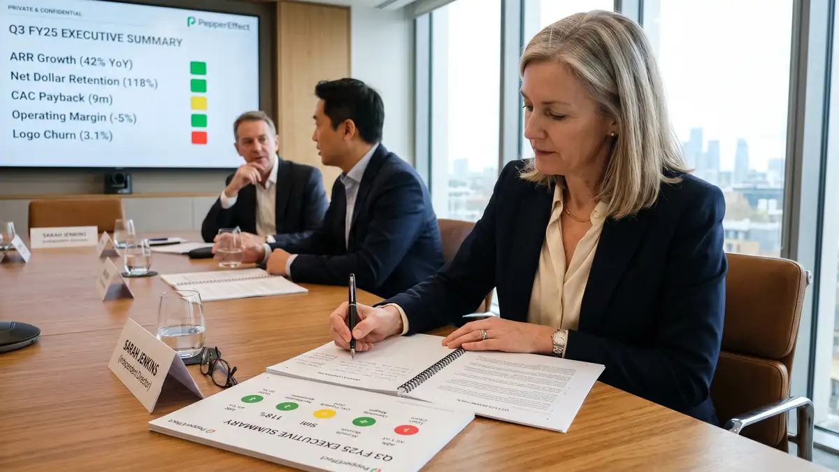 Independent board director taking notes during a SaaS board meeting with executive summary visible