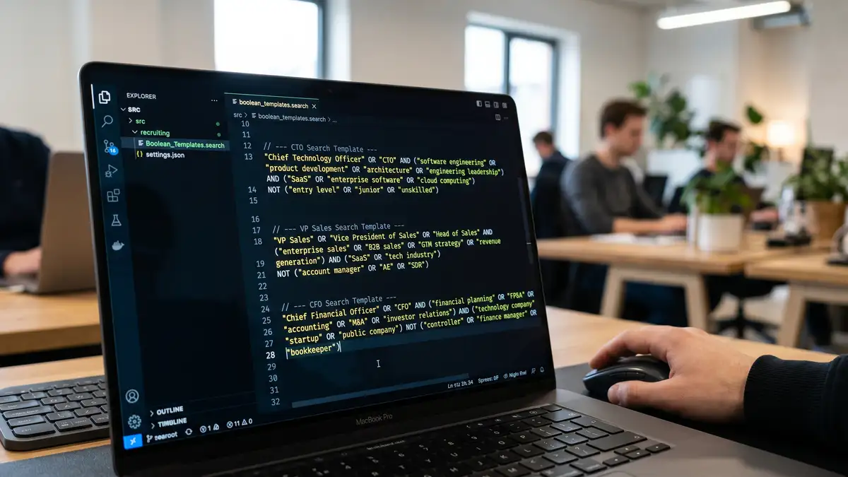Code editor displaying ready-to-use Boolean search templates with syntax highlighting for CTO VP Sales CFO searches