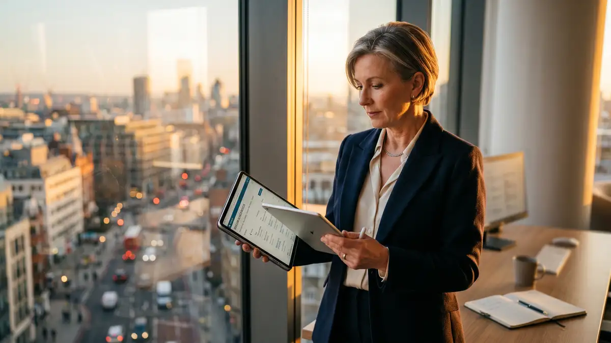 Senior recruiting sourcer at office window during golden hour reviewing tablet showing Boolean search results