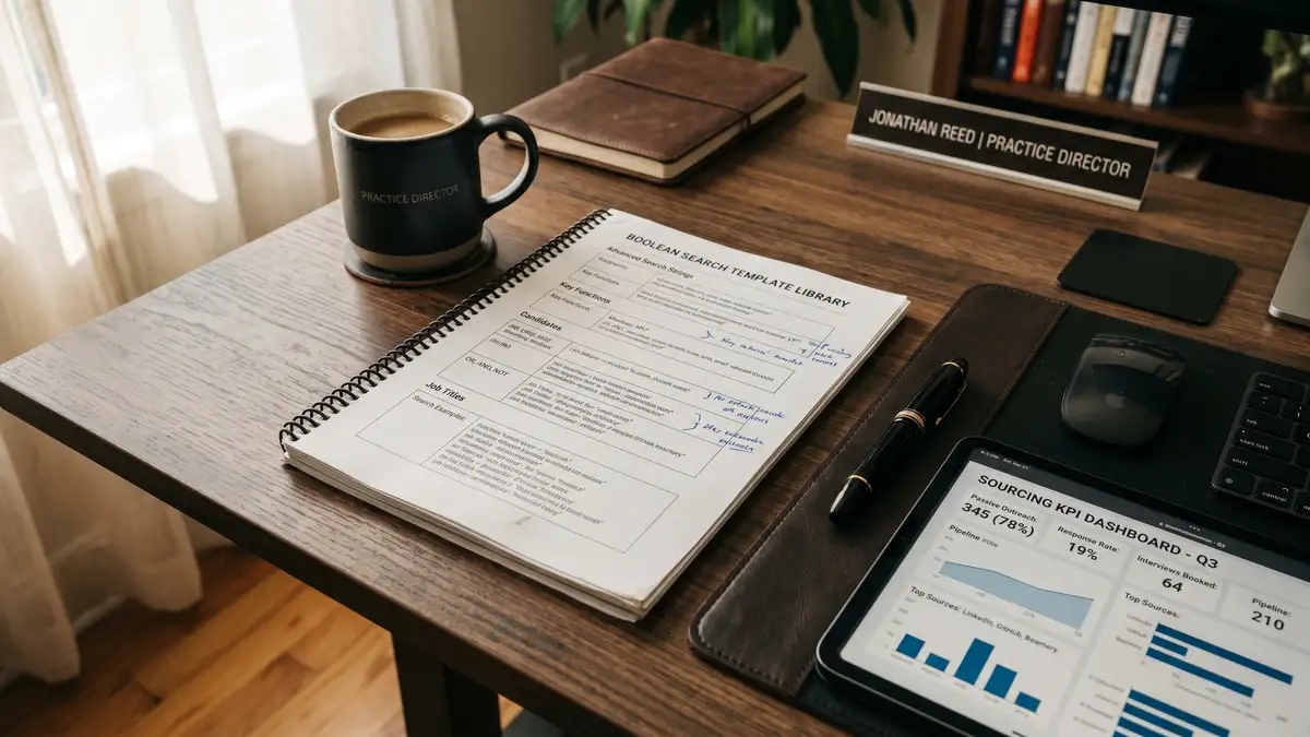 Practice Director desk with printed Boolean search template library document tablet showing sourcing KPI dashboard