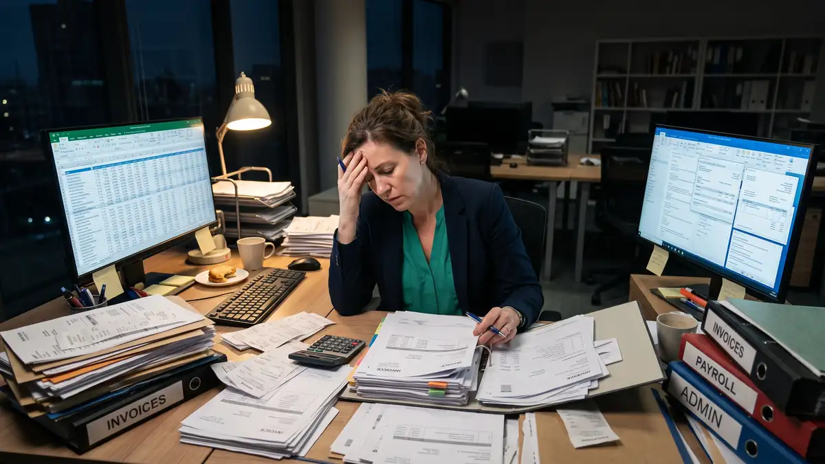 Stressed professional services founder buried in repetitive manual admin work with stacks of paperwork and spreadsheets, representing the founder bottleneck