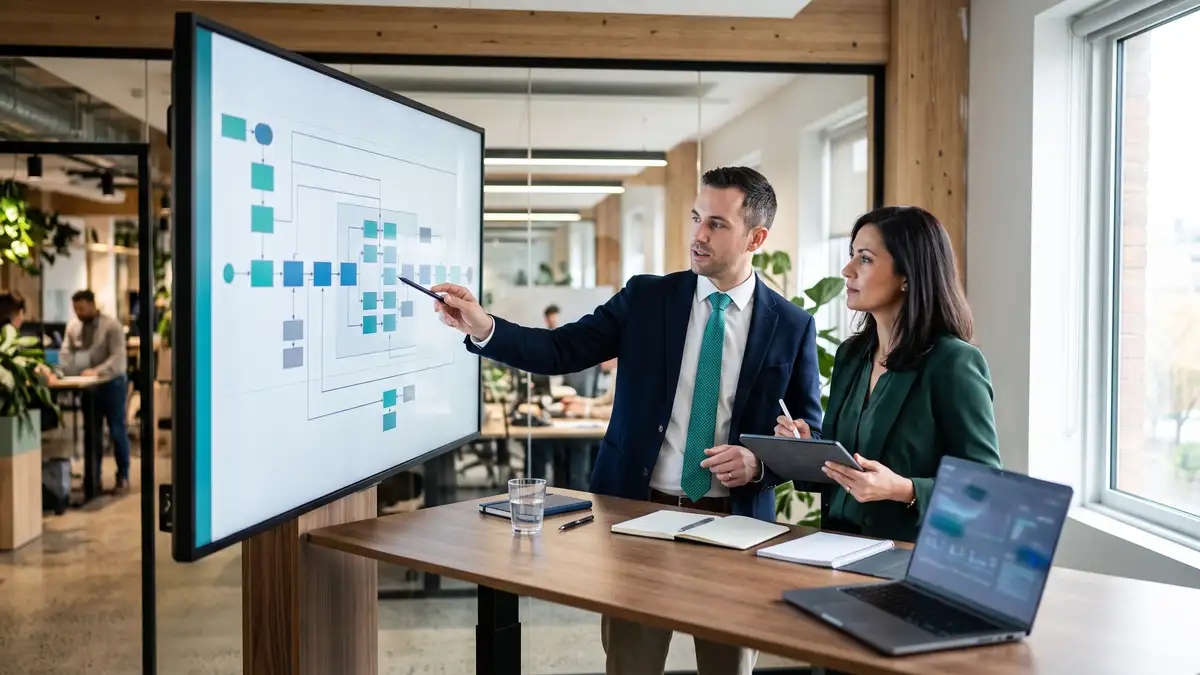 Automation consultant and business owner reviewing a business process map together on a large screen in a collaborative advisory session