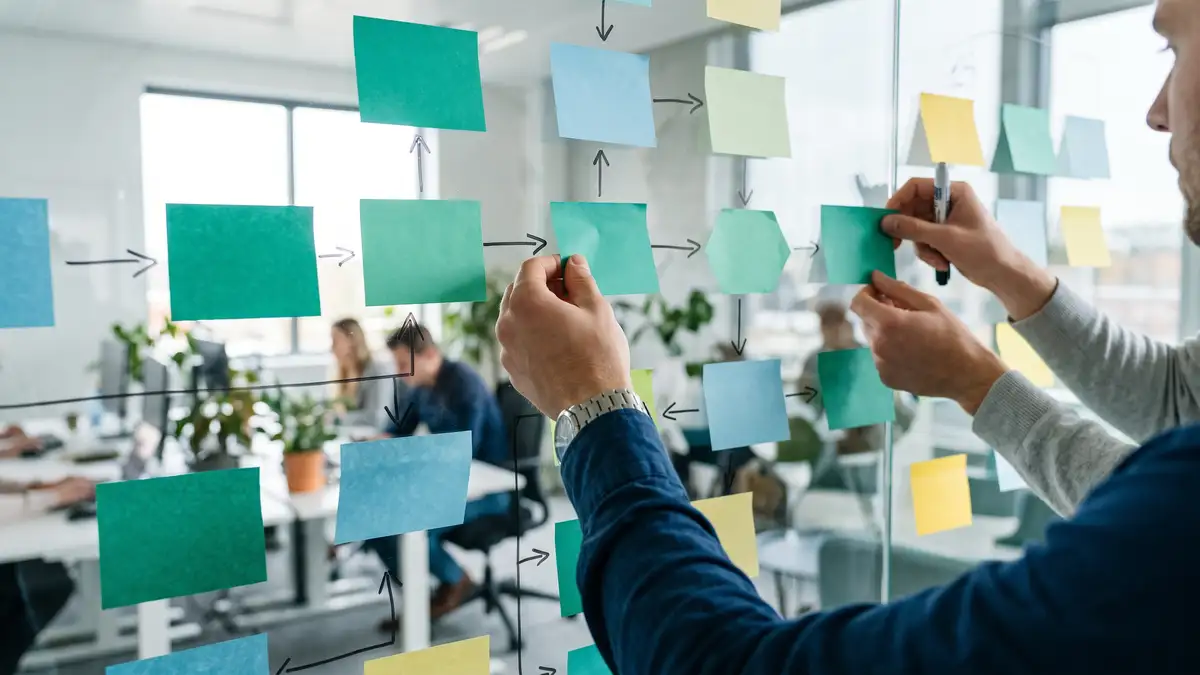 Hands arranging sticky notes and workflow steps on a glass wall to map a business process before automating it
