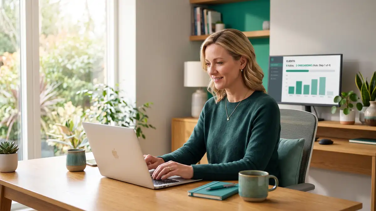 A calm consultant working a short focused day on a laptop while an automated system handles client onboarding in the background