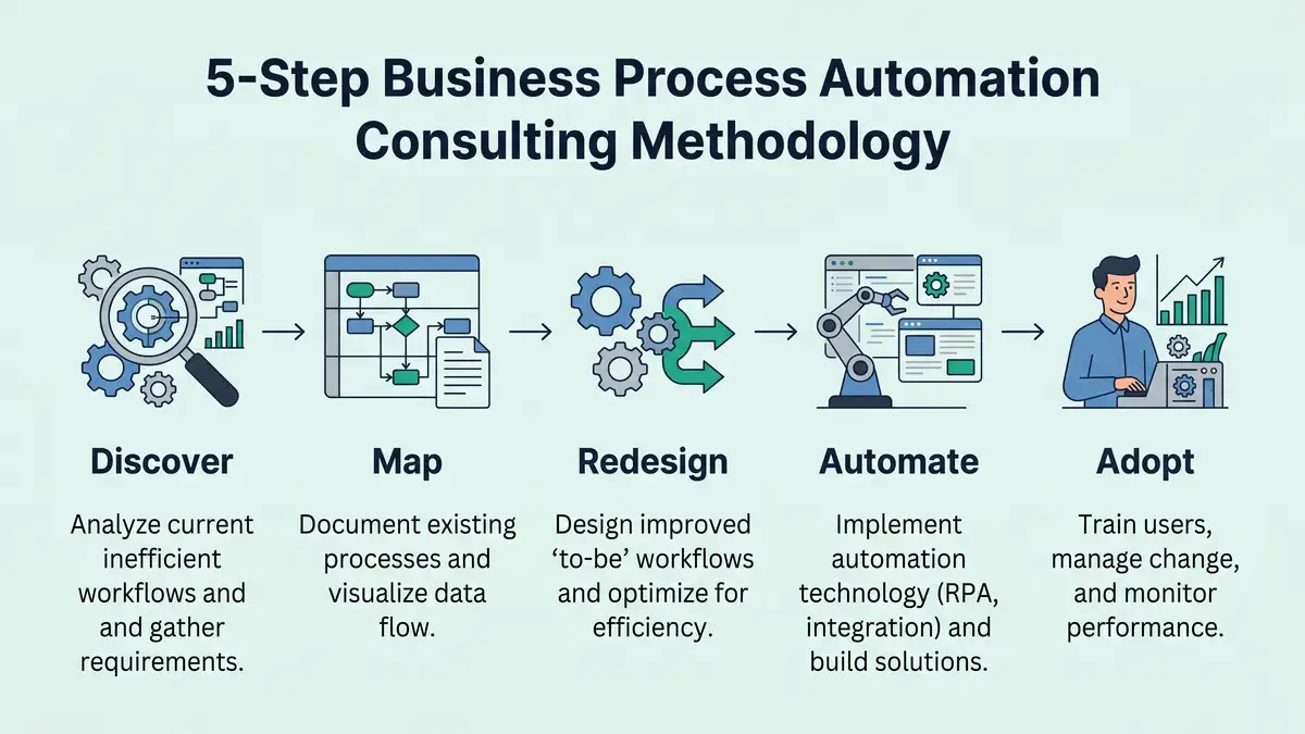Infographic of the five-step business process automation consulting method: Discover, Map, Redesign, Automate, and Adopt