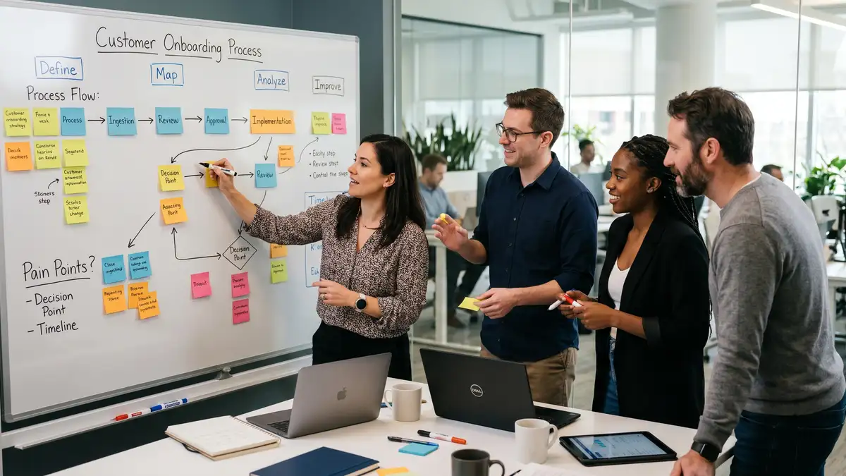 Operations team mapping a business process on a whiteboard with flowchart arrows during a business process automation services discovery session