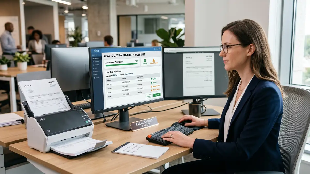 Finance professional reviewing automated invoice processing on screen, an example of high-ROI accounts payable business process automation