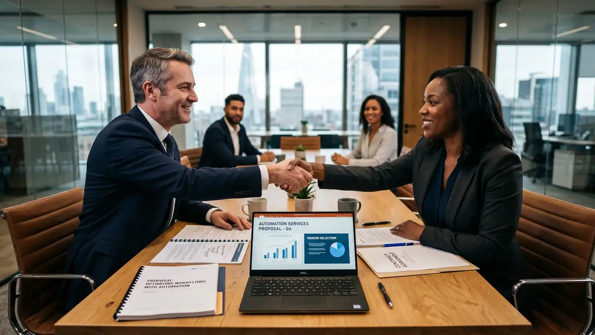 Two business leaders shaking hands during a vendor selection meeting, choosing the right business process automation services provider