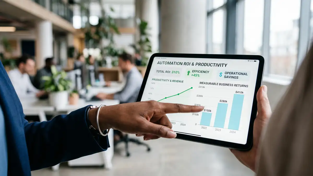 Tablet showing an ROI and cost-savings chart with upward productivity trend lines, illustrating measurable returns from business process automation services