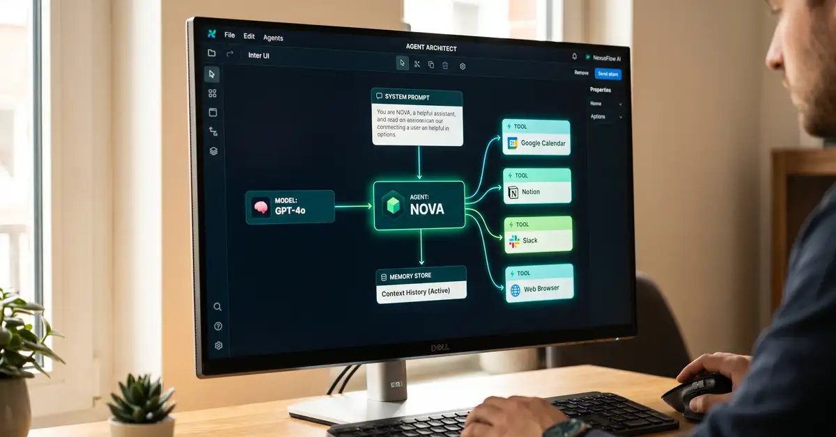 An AI agent being assembled on screen: a central agent node connected to a model, a system prompt field, a memory store, and tool blocks