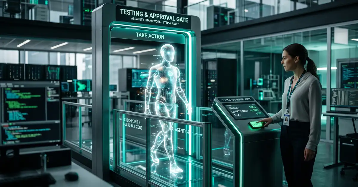 An AI agent passing through a checkpoint with a human approval gate before taking action, representing testing and guardrails