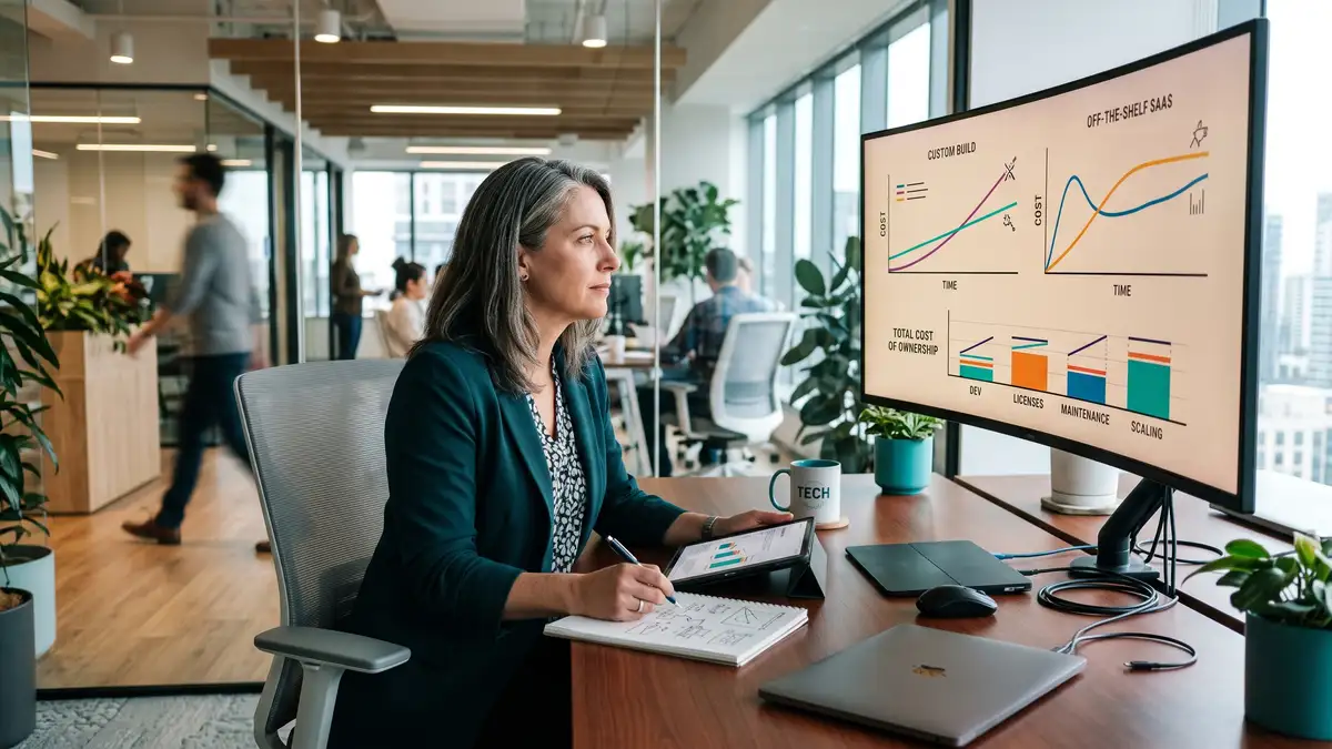 B2B technology leader comparing a custom software build against an off-the-shelf SaaS option on a screen showing cost-over-time curves and a total cost of ownership breakdown