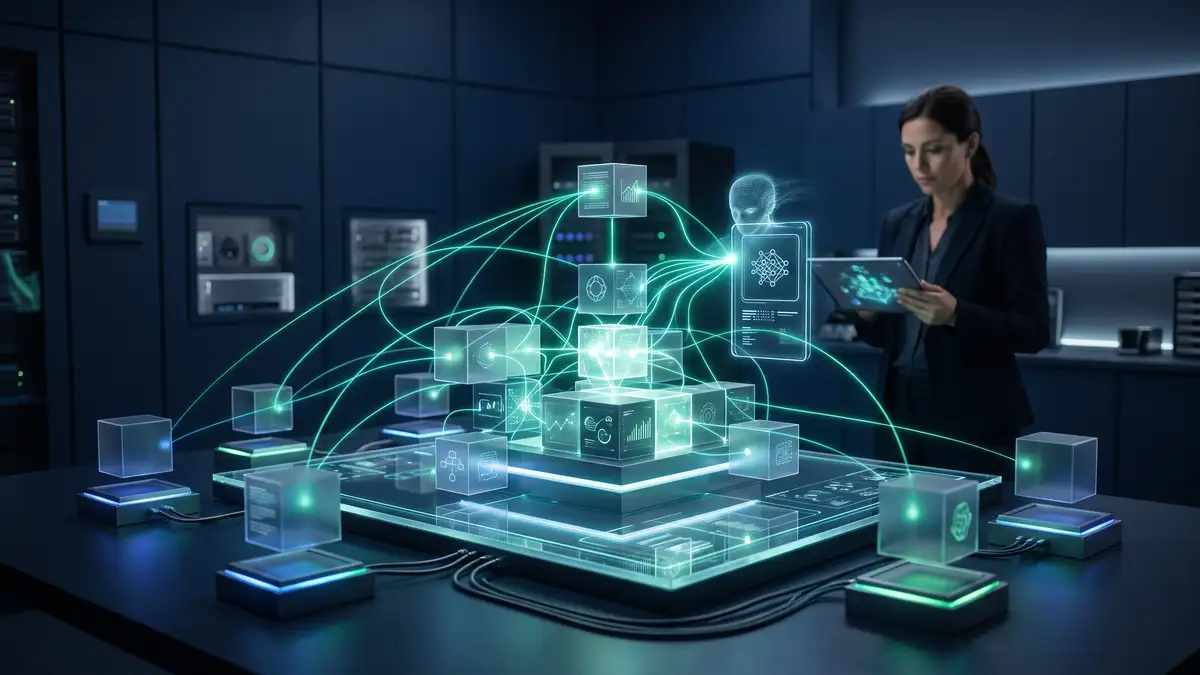 A third path between building and buying software, with modular pre-built components and AI-assisted no-code blocks composed into a tailored business system