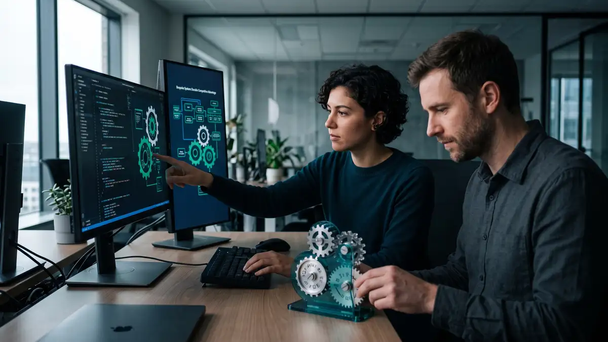 Engineers crafting a bespoke custom software system precisely fitted to a unique business workflow, representing build as durable competitive advantage
