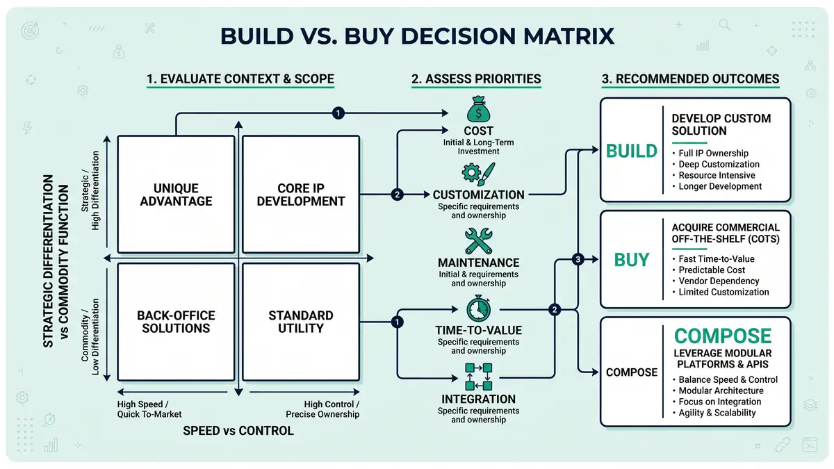 Build versus buy decision matrix infographic mapping strategic differentiation against commodity function and speed against control, branching to build, buy, and compose outcomes