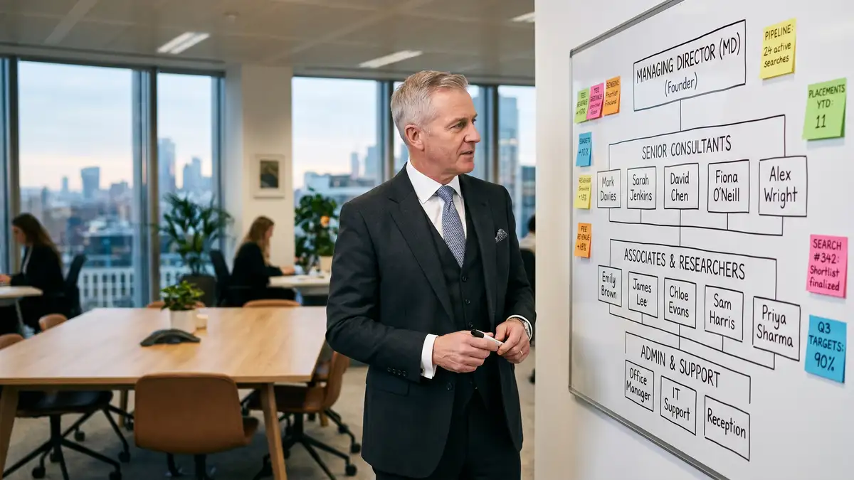 Founder MD reviewing organizational chart on whiteboard showing executive search firm structure across consultants researchers and admin