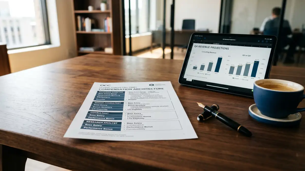 Compensation architecture document on polished desk showing tiered structures for Managing Director Senior Consultant Consultant and Research Analyst