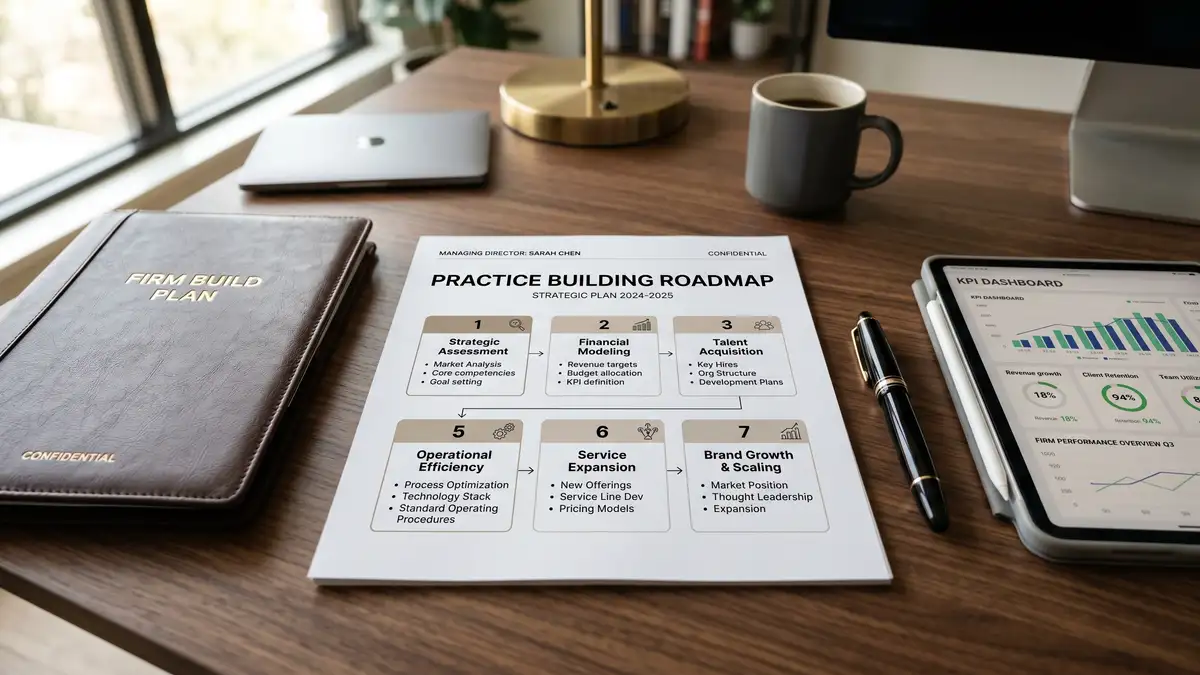 Managing Director desk with practice building roadmap document showing 7 numbered phases and KPI dashboard