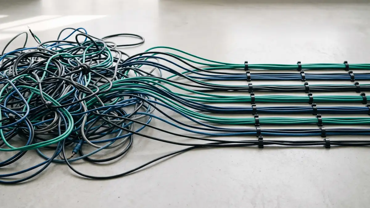 Tangled wires on the left transforming into neatly organized parallel cables, symbolizing chaos becoming structured systems architecture