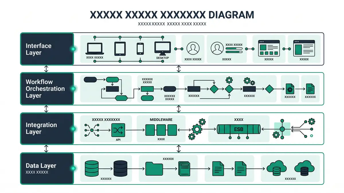 Layered systems architecture infographic showing data, integration, workflow orchestration, and interface layers in teal green and navy