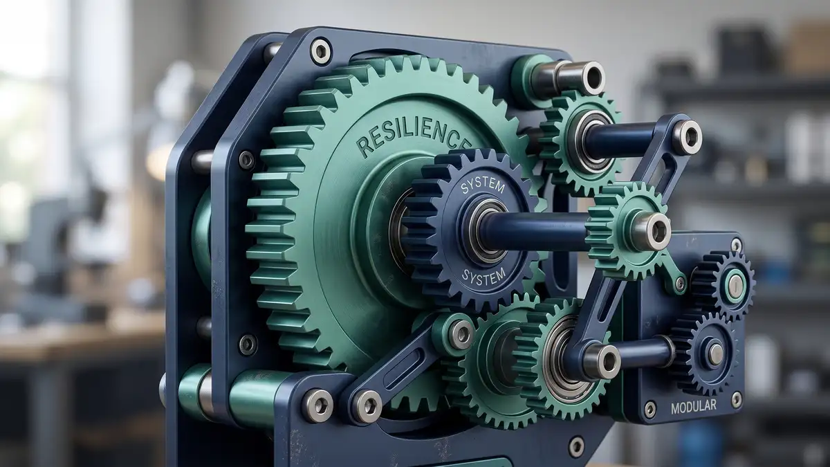 Close-up of sturdy interlocking gears representing a resilient modular business system that scales without breaking
