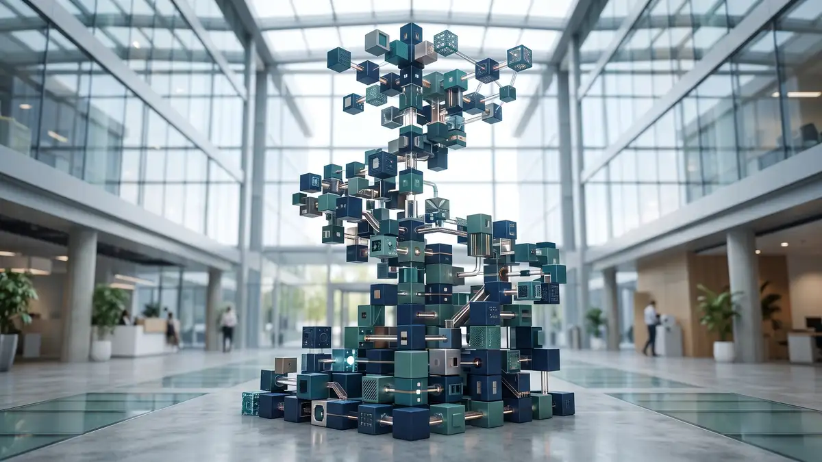 Abstract visualization of modular business systems architecture blocks connecting and scaling upward into a stable structure