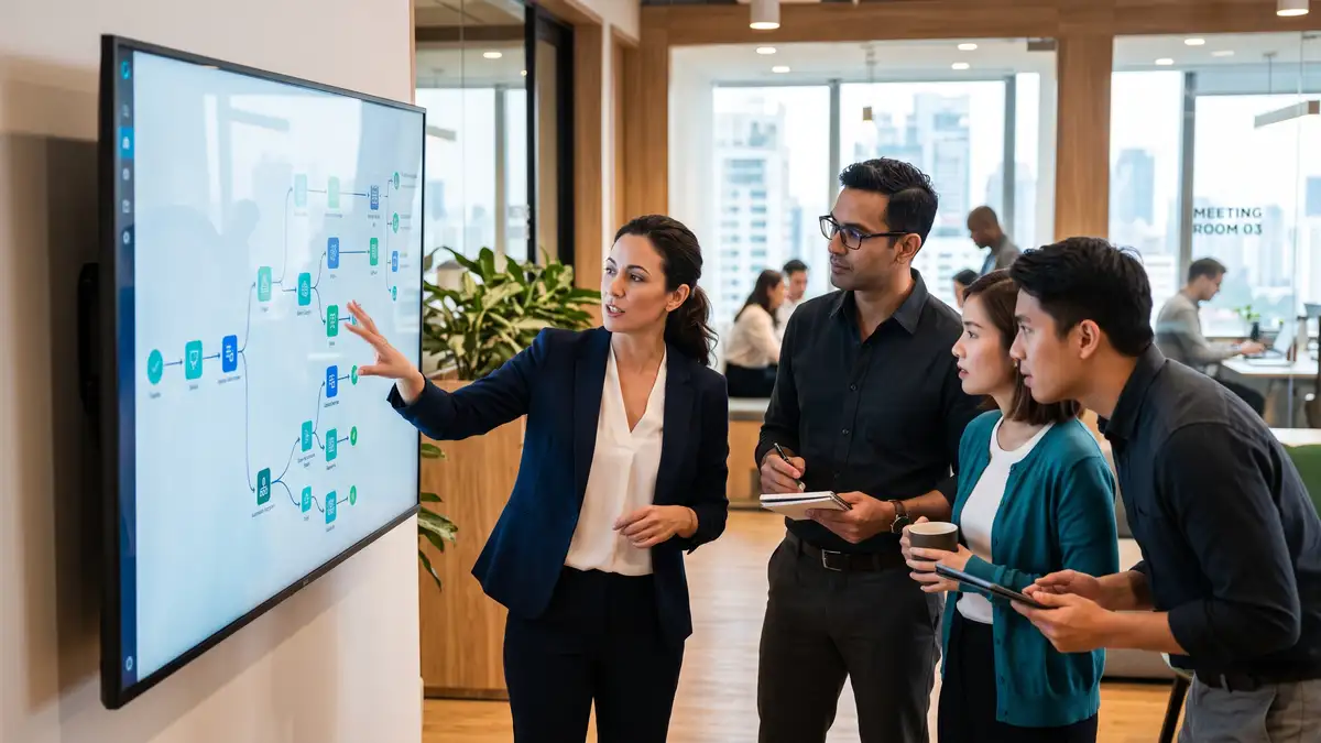Focused operations team collaborating around a monitor showing an automated workflow pipeline built on solid systems architecture