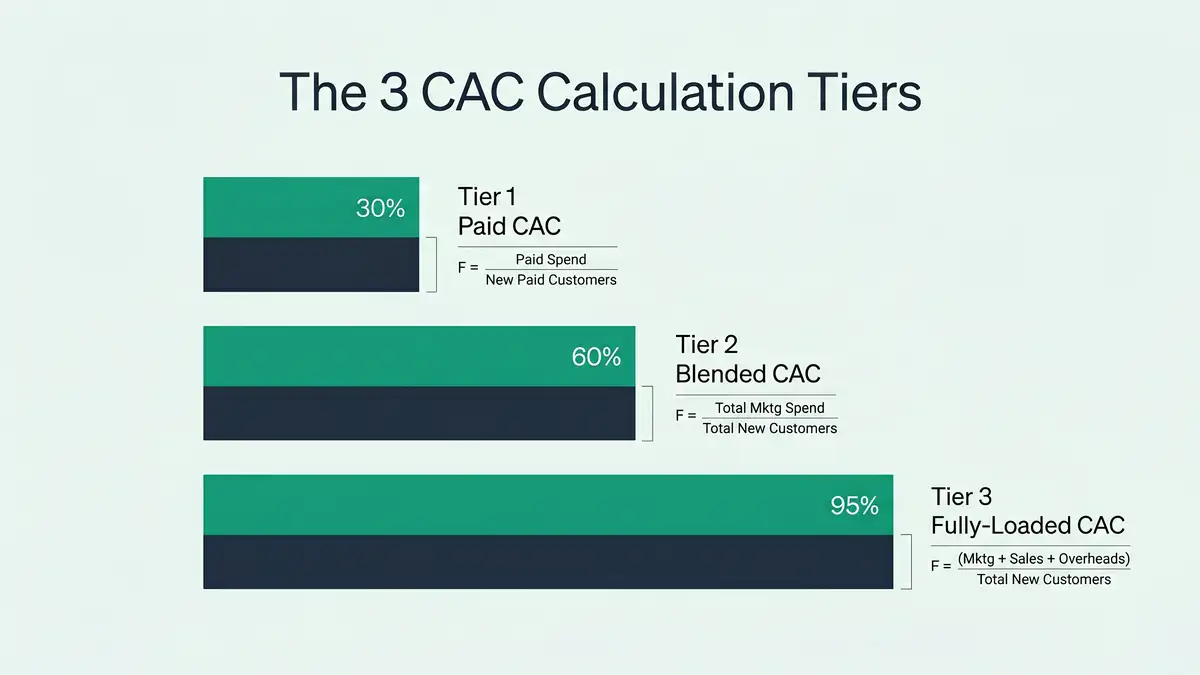 Three-tier CAC calculation framework showing Paid CAC, Blended CAC, and Fully-Loaded CAC for B2B SaaS companies