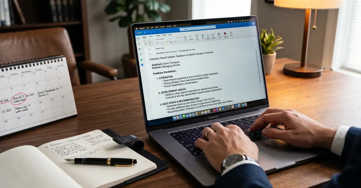 Close-up of executive search consultant typing personalised structured candidate feedback email on premium laptop with leather notebook adjacent