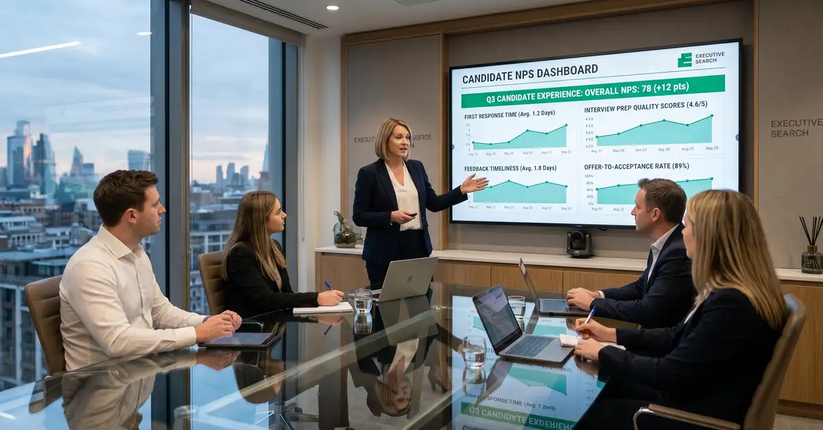 Executive search Practice Director leading candidate experience quarterly review meeting in modern boardroom with NPS dashboard on large screen
