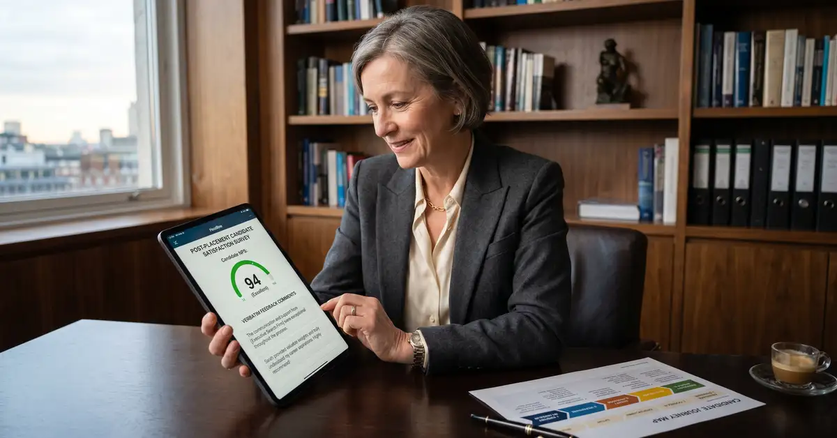 Executive search Managing Director reviewing post-placement candidate satisfaction survey on tablet in sophisticated office library