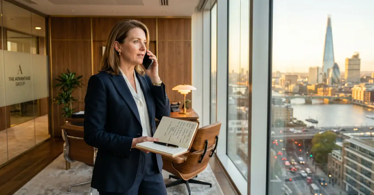 Executive search consultant having confidential phone conversation with senior candidate near window with city skyline at golden hour