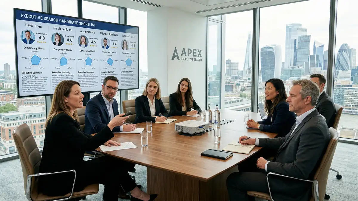 Executive search team presenting AI-generated candidate comparison reports to a client in a modern boardroom