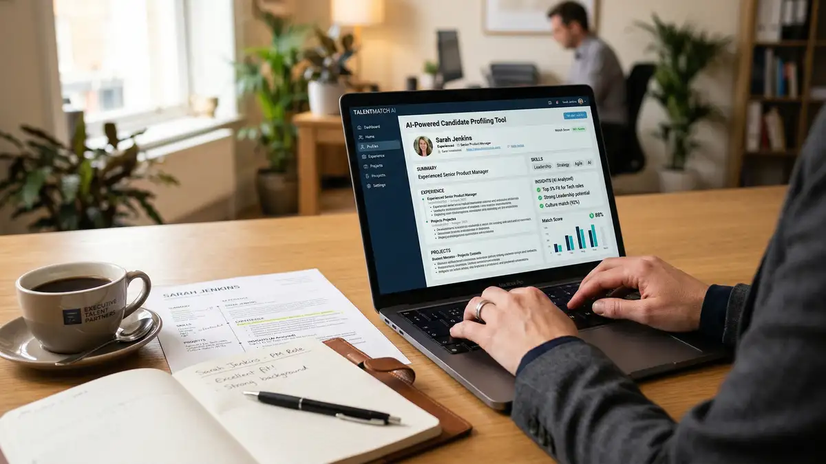 Executive recruiter working on AI-powered candidate profiling tool at desk in professional search office