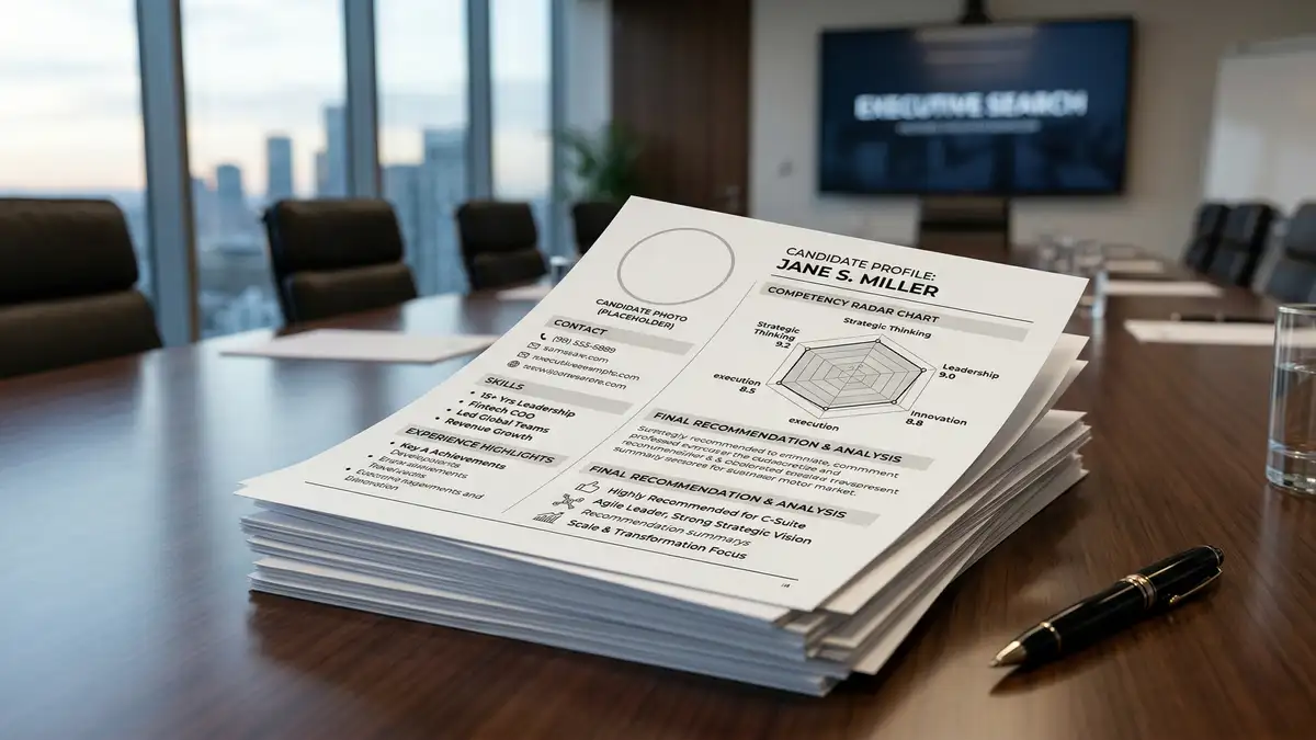 Professional AI-generated candidate executive summary documents on a conference table in an executive boardroom