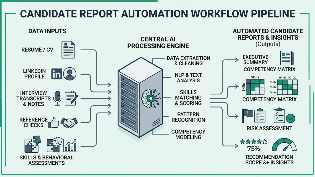 Infographic showing candidate report automation workflow from data inputs through AI processing to executive summary outputs
