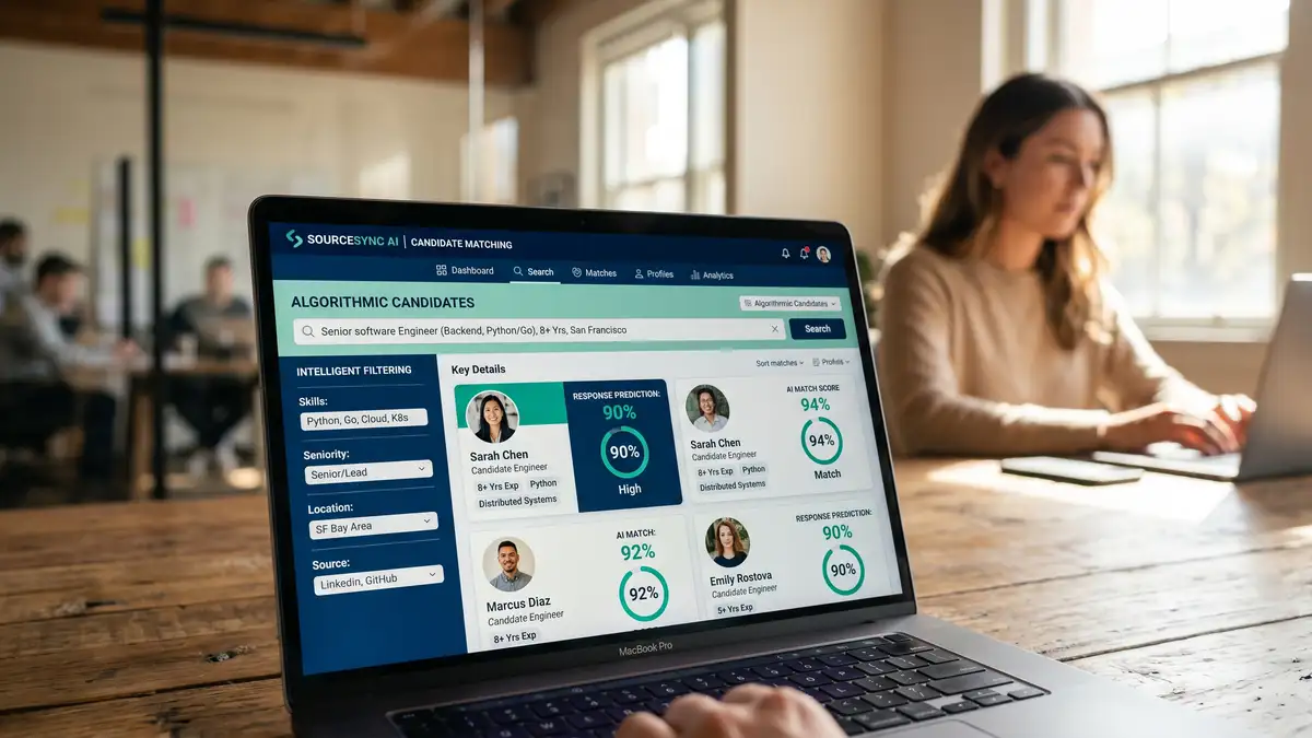AI candidate sourcing platform interface showing algorithmic matching skill filtering and 90 percent response prediction scores