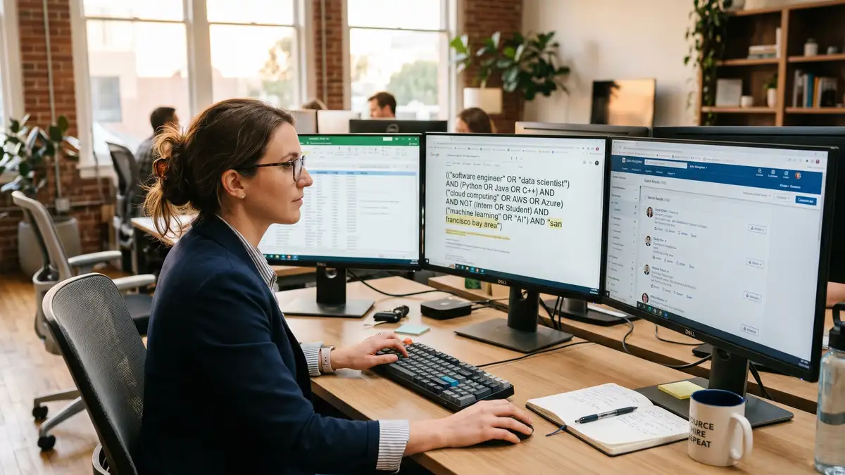 Sourcer working with multiple monitors showing Boolean search queries with AND OR NOT operators and LinkedIn Sales Navigator results