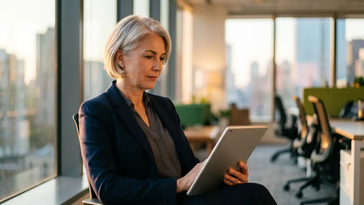 Senior recruiter reviewing candidate outreach personalization template on tablet at golden hour office window