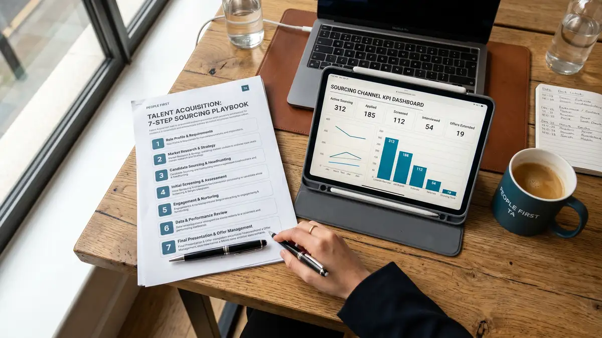 Talent Acquisition lead desk showing 7-step modern sourcing playbook with KPI dashboard tablet and premium pen