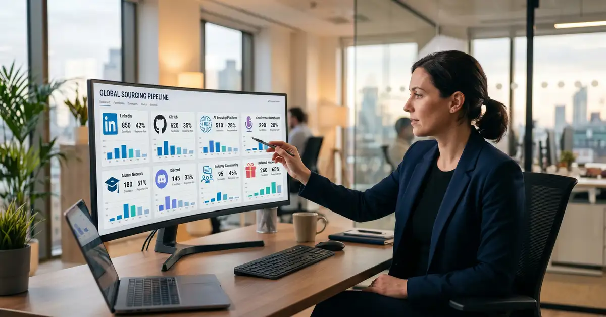 Recruiting consultant viewing multi-channel candidate sourcing dashboard showing 8 sourcing channels with pipeline metrics and response rates