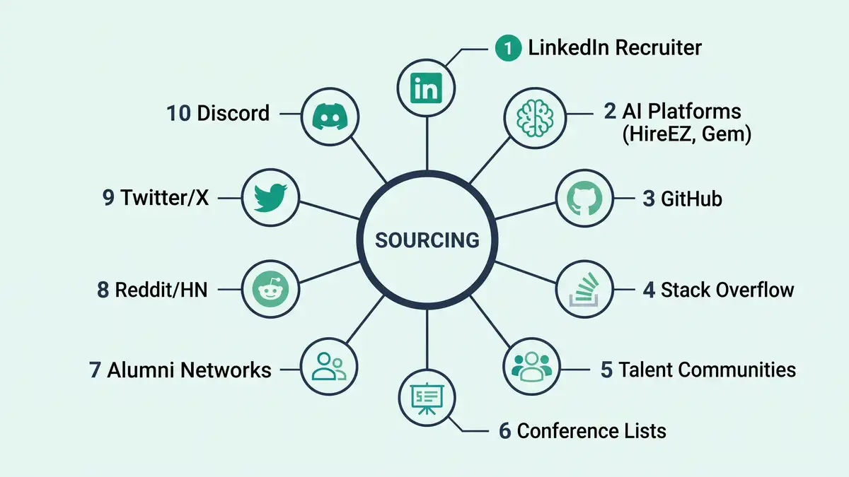 Infographic showing 10 modern candidate sourcing channels in 2026 arranged in hub-and-spoke layout