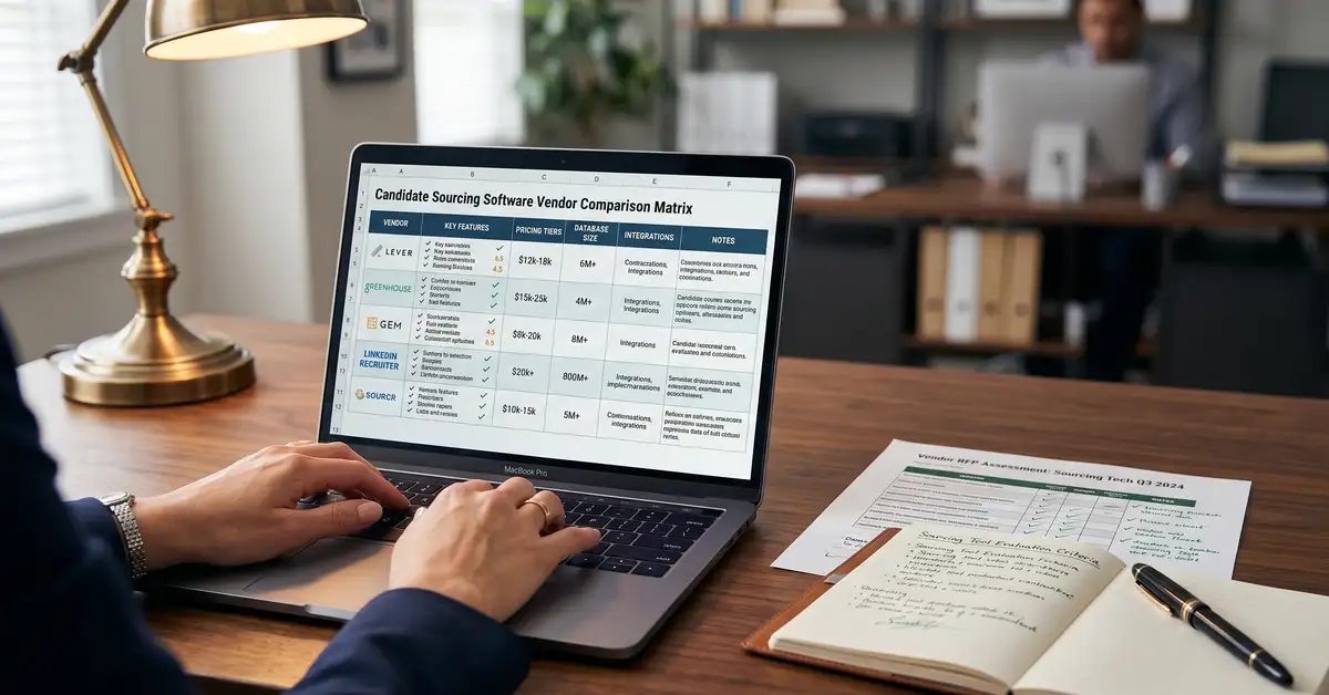 Close-up of recruiting operations leader's hands on laptop showing vendor comparison matrix with checkmarks and pricing tiers