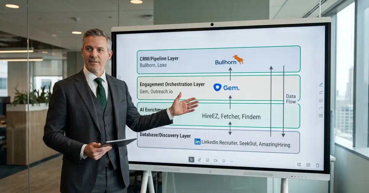 Executive search consultant in front of whiteboard showing layered tool stack architecture with database, AI enrichment, engagement, and CRM layers