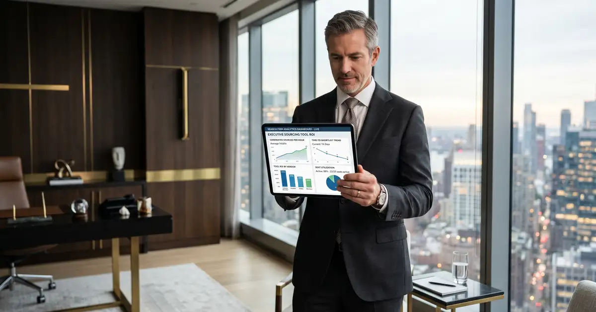 Executive search managing partner reviewing sourcing tool ROI dashboard in modern office with city skyline