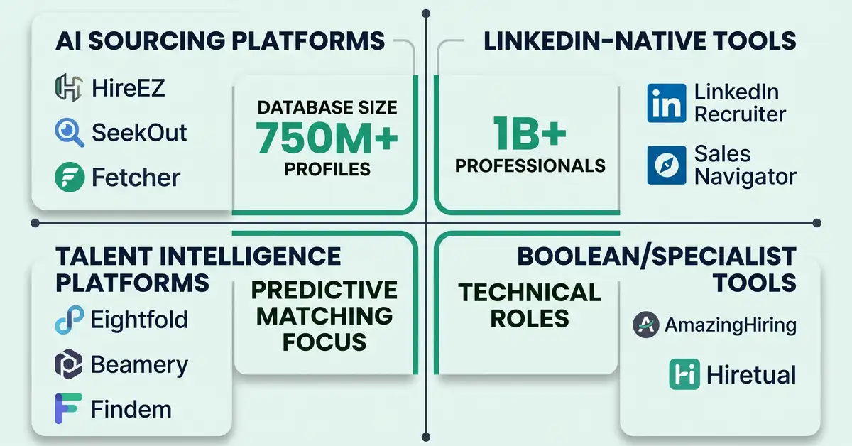 4-quadrant infographic showing categories of candidate sourcing tools: AI sourcing platforms, LinkedIn-native, talent intelligence, and Boolean specialist tools
