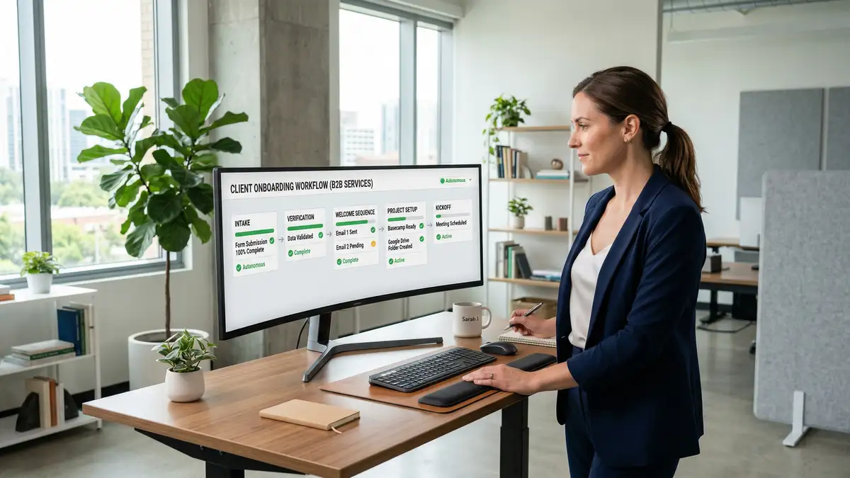 Service business owner reviewing automated client onboarding workflow on widescreen monitor in modern office