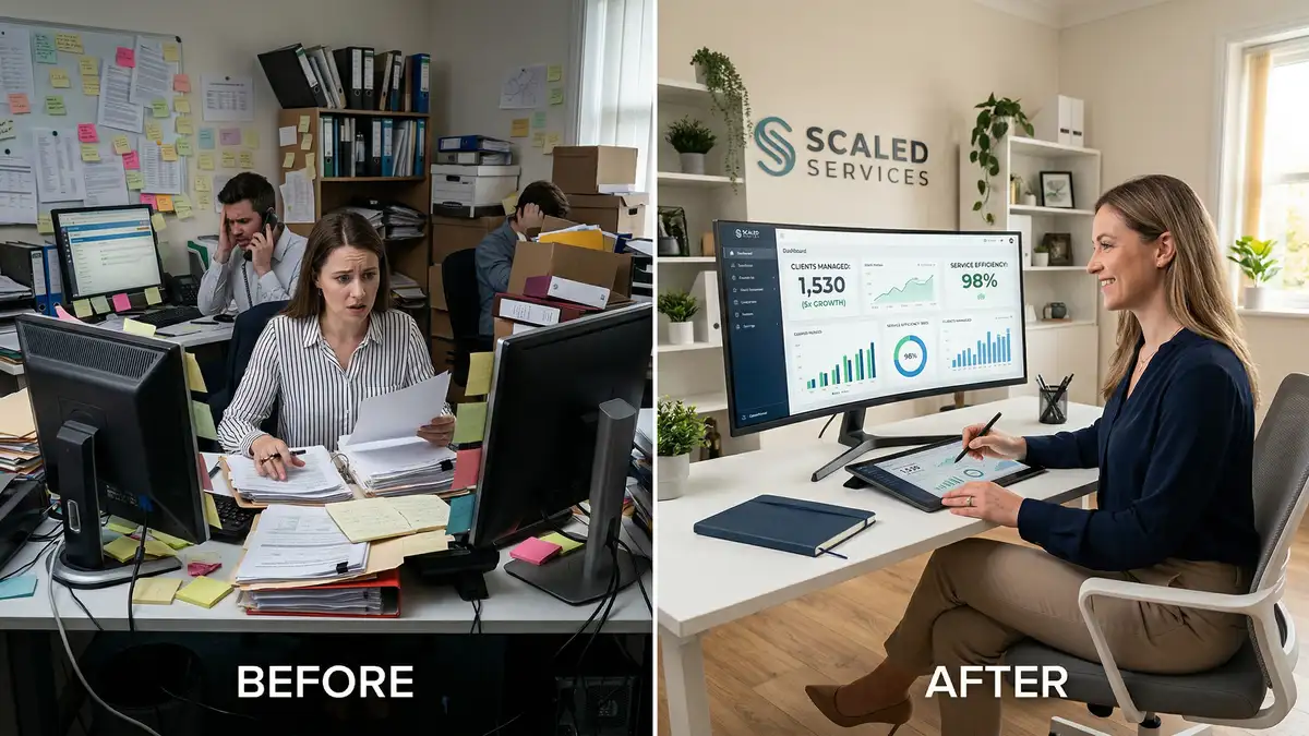 Before-and-after split scene showing chaotic manual office transformed into calm automated environment managing 5x client volume
