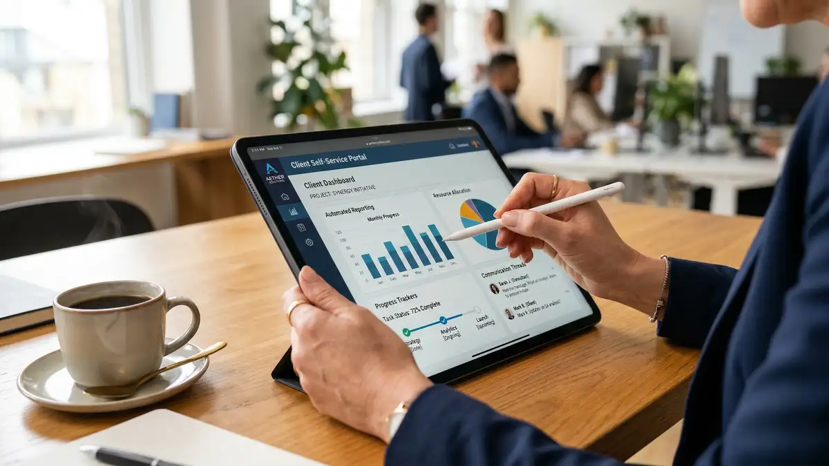 Consultant reviewing client self-service portal dashboard on tablet showing automated reporting and progress tracking