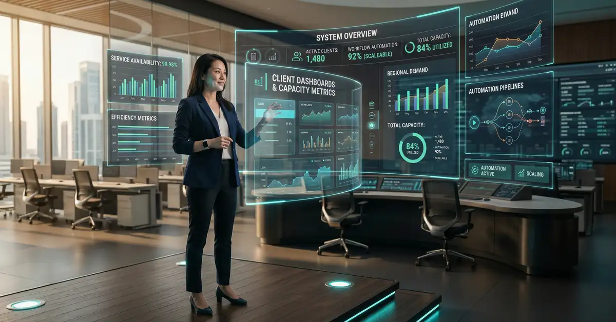 Capacity Expansion Blueprint for scaling a service business without hiring showing executive overseeing automated operations command center